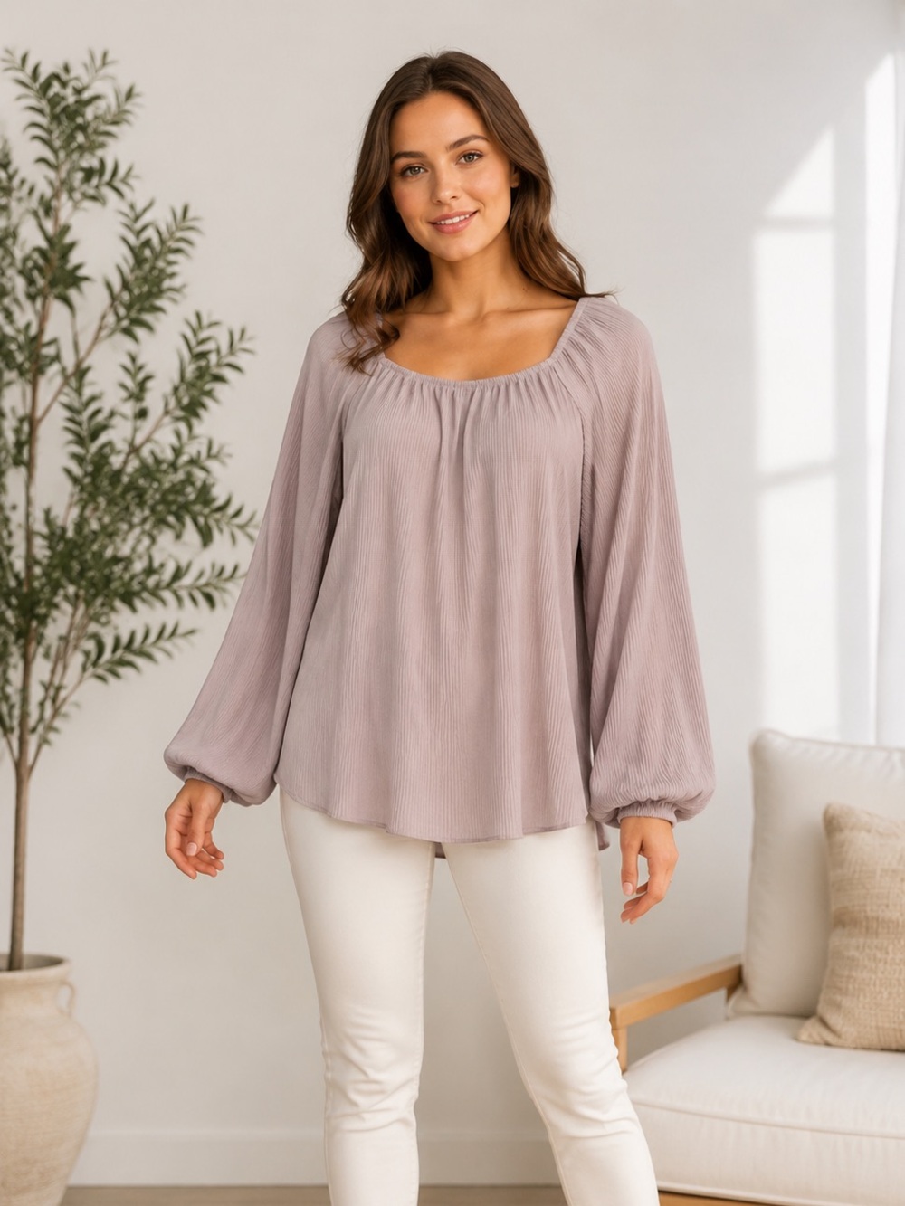 Haptics by Holly Harper Peach Pleated Long Balloon Sleeve Blouse - Size M